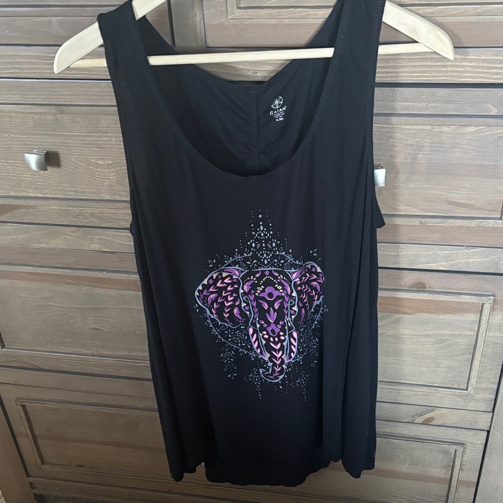 GAIAM Black Tank Top with Purple Elephant Graphic